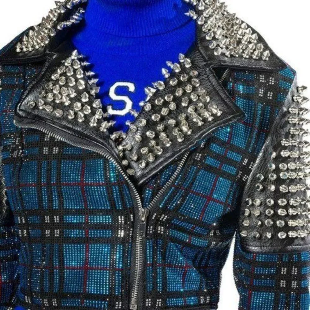 Callie Berry Bling: Teal Plaid Rhinestone Silver Studded Black Moto Jacket - Picture 1 of 12